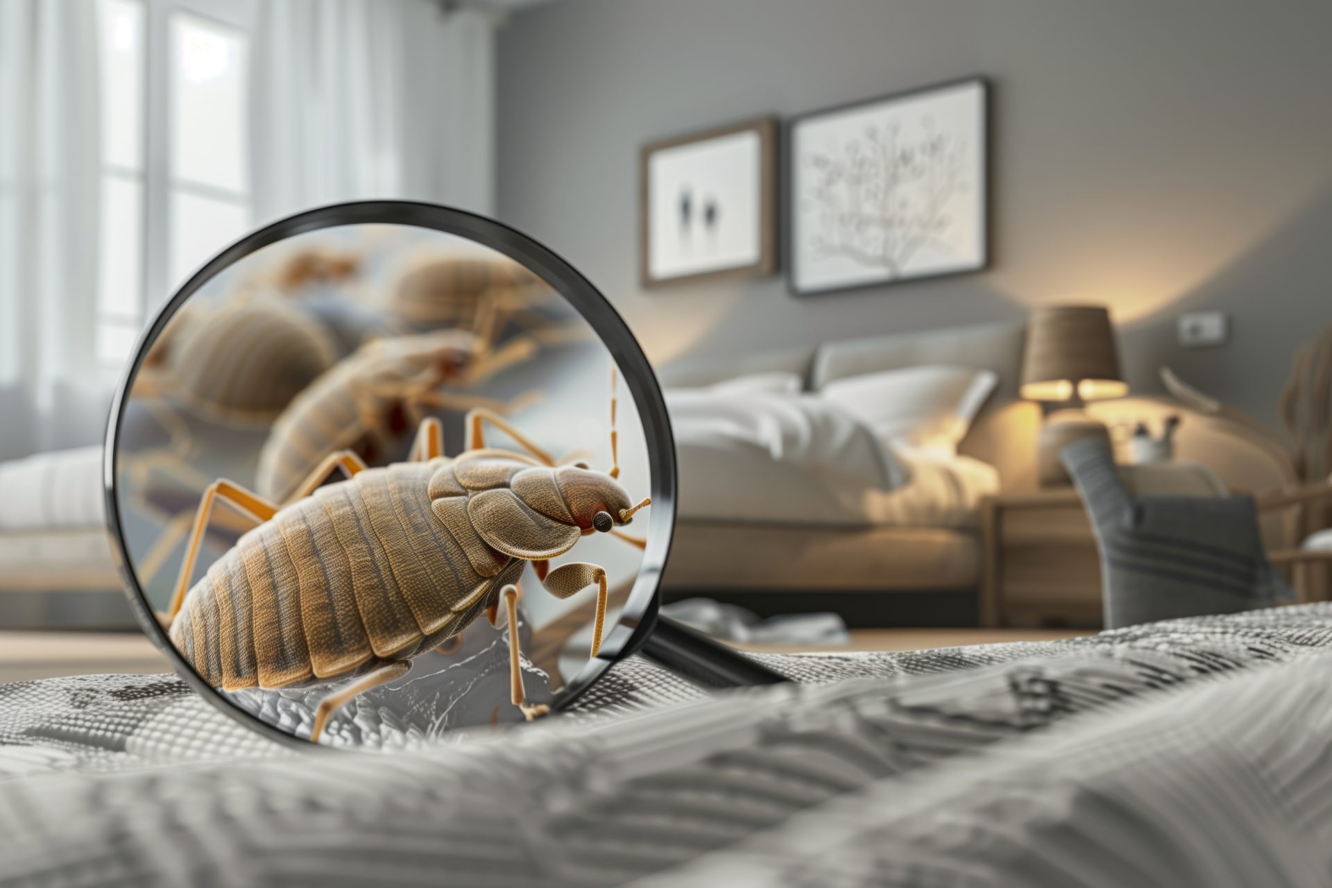 Close-up of a bed bug on bedding seen through a magnifying glass in a bedroom.