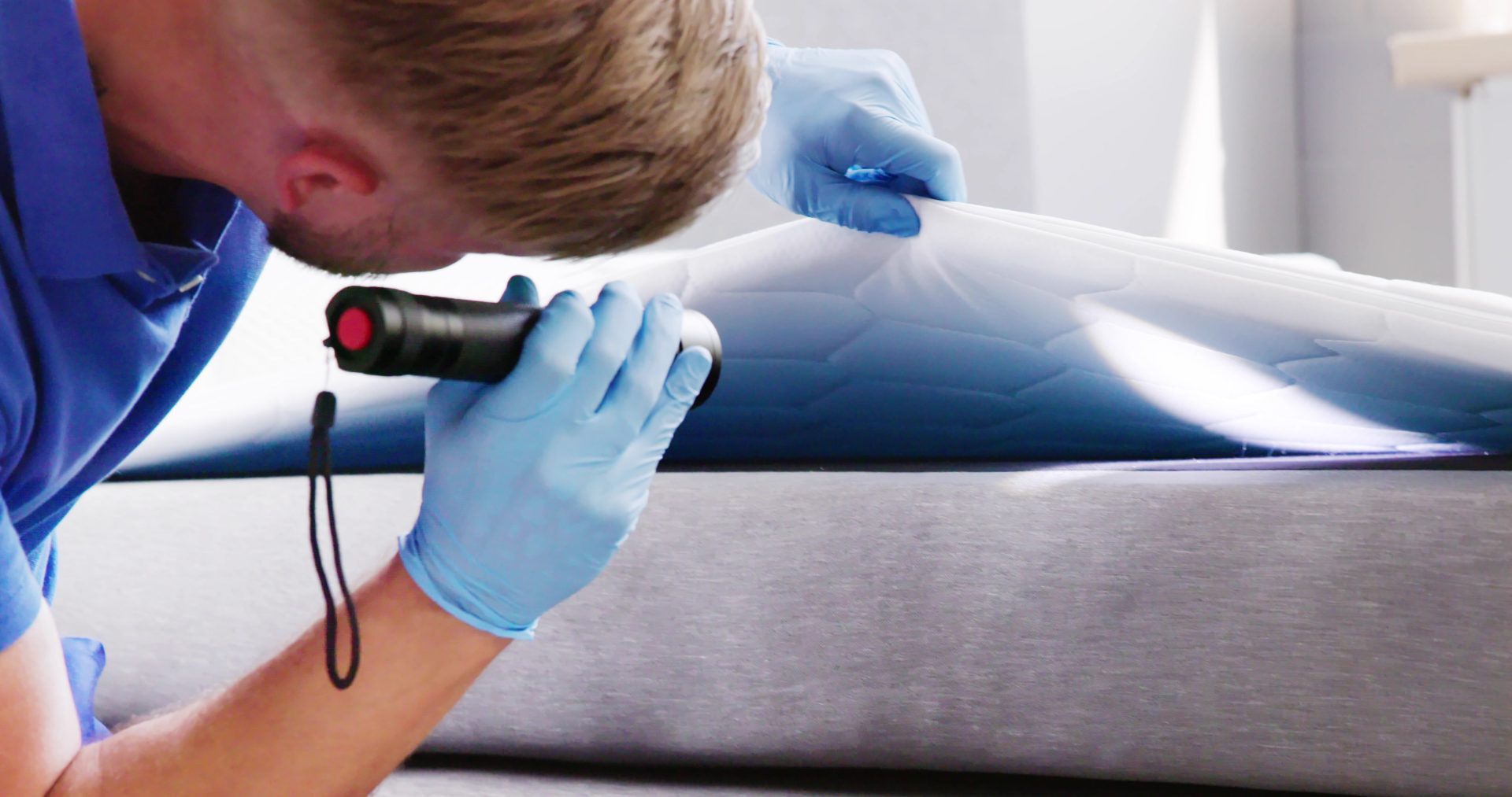 Technician wearing gloves inspects mattress seam with flashlight for signs of bed bugs.