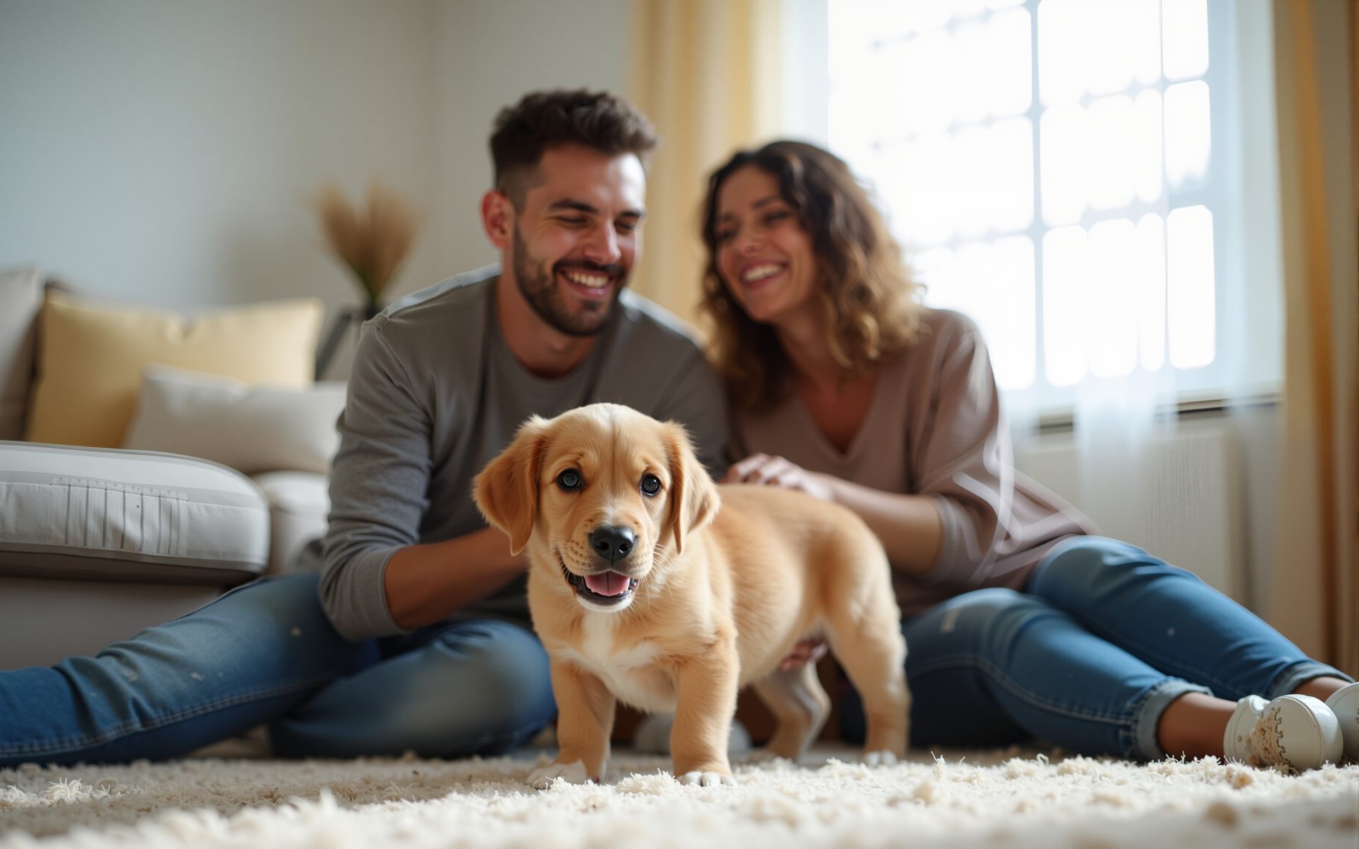 Smiling couple sitting on living room floor with golden retriever puppy in foreground.